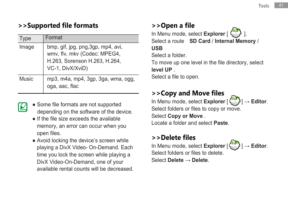 Supported file formats, Open a file, Copy and move files | Delete files | Double Power Technology MD-702 User Manual | Page 43 / 64