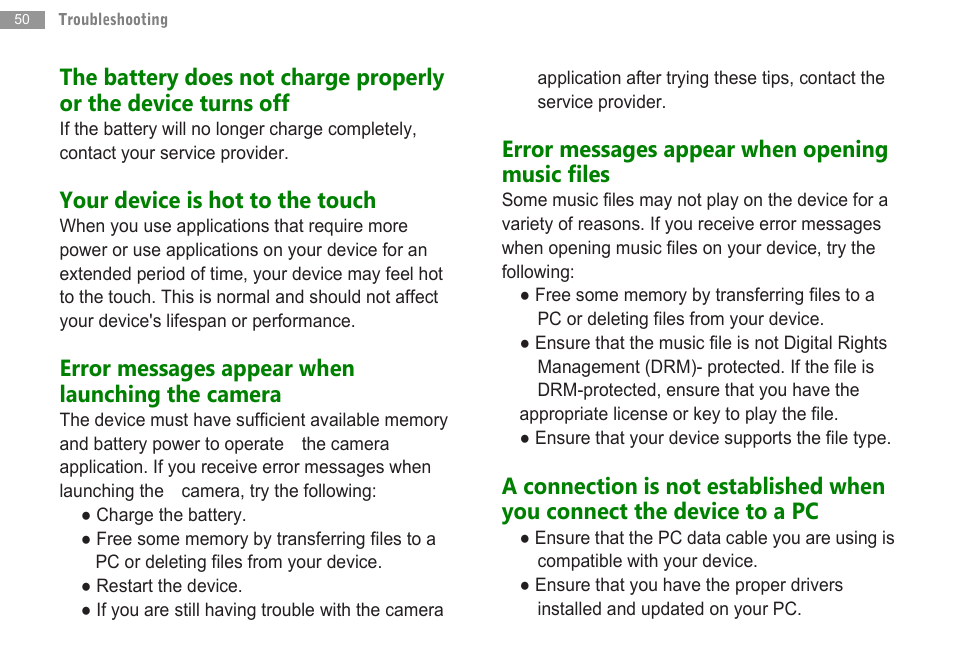 Your device is hot to the touch, Error messages appear when launching the camera, Error messages appear when opening music files | Double Power Technology MD-702 User Manual | Page 52 / 64