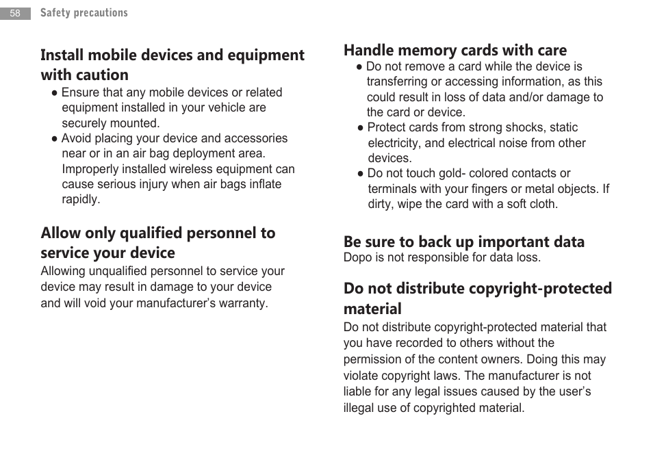 Install mobile devices and equipment with caution, Be sure to back up important data, Do not distribute copyright-protected material | Double Power Technology MD-702 User Manual | Page 60 / 64