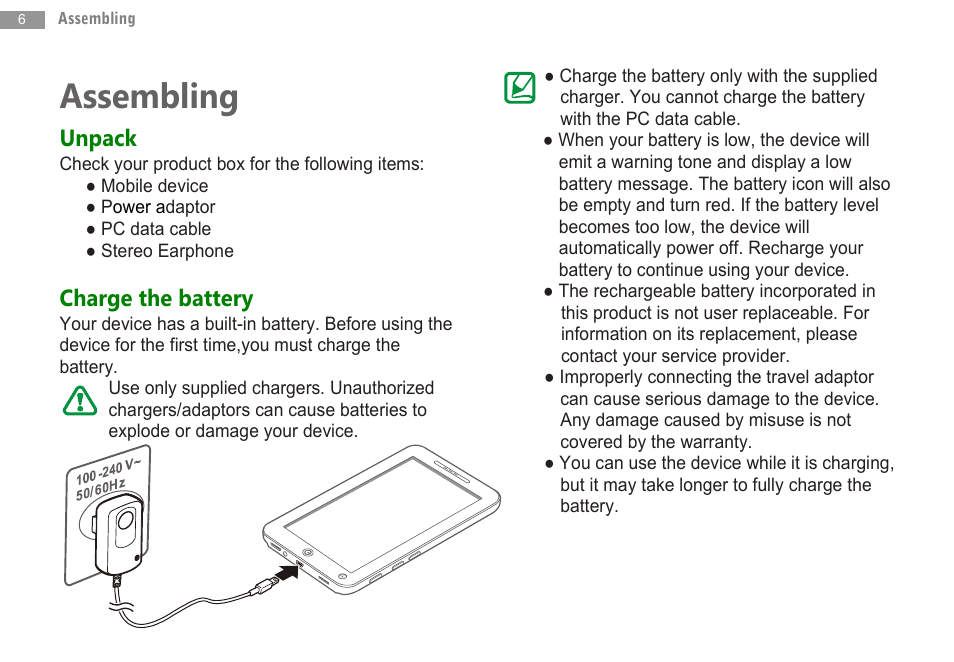 Assembling, Unpack, Charge the battery | Double Power Technology MD-702 User Manual | Page 8 / 64