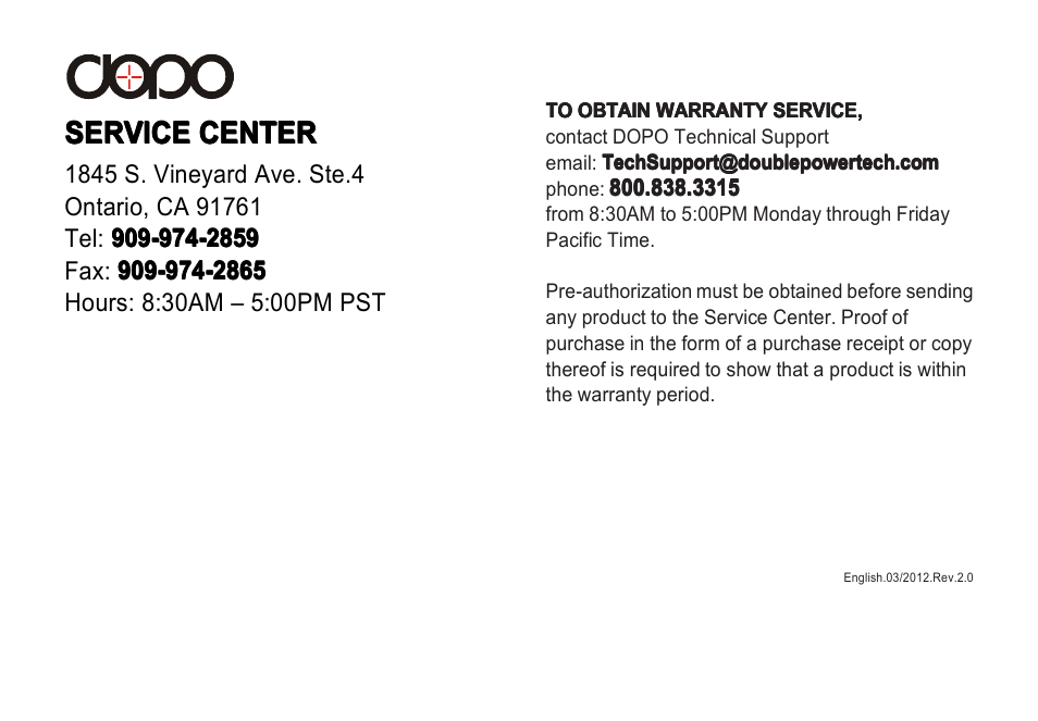 Service, Service service center center center center | Double Power Technology MD-740 User Manual | Page 62 / 62