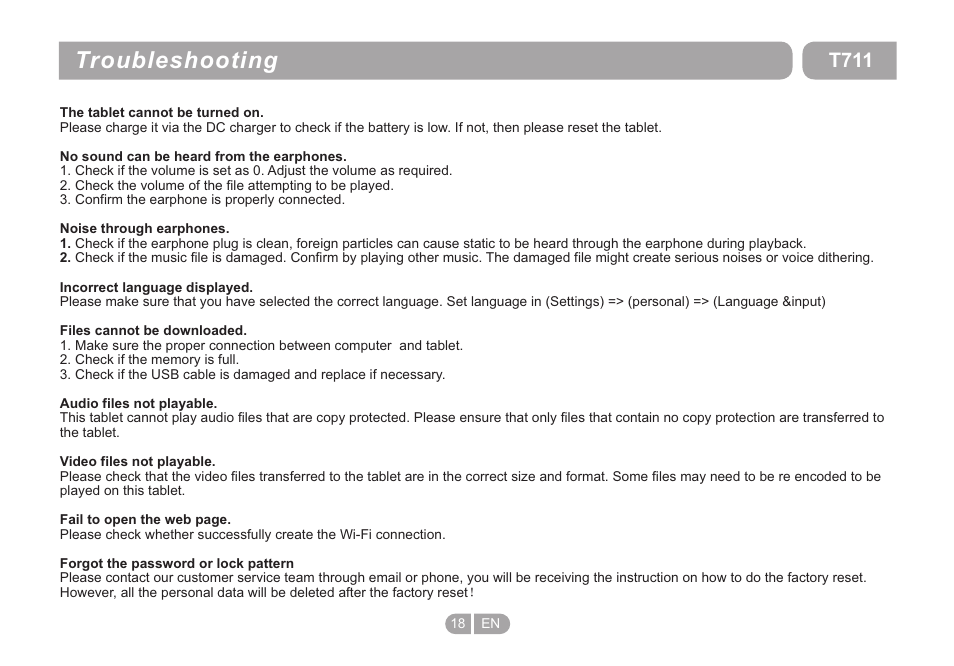 页 18, Troubleshooting, T711 | Double Power Technology T711 User Manual | Page 18 / 24