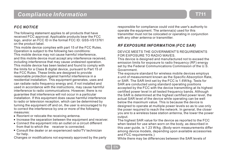 页 19, Compliance information, T711 | Double Power Technology T711 User Manual | Page 19 / 24