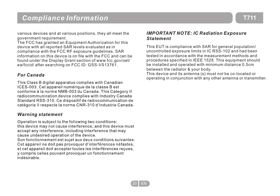 页 20, Compliance information, T711 | Double Power Technology T711 User Manual | Page 20 / 24