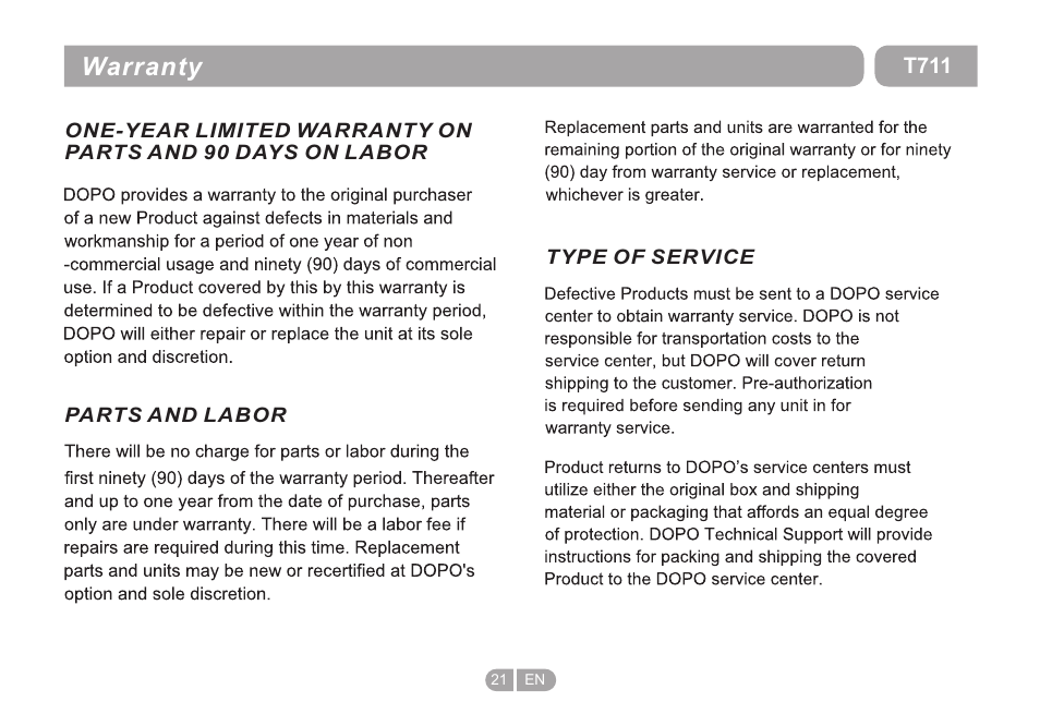 页 21, Warranty | Double Power Technology T711 User Manual | Page 21 / 24