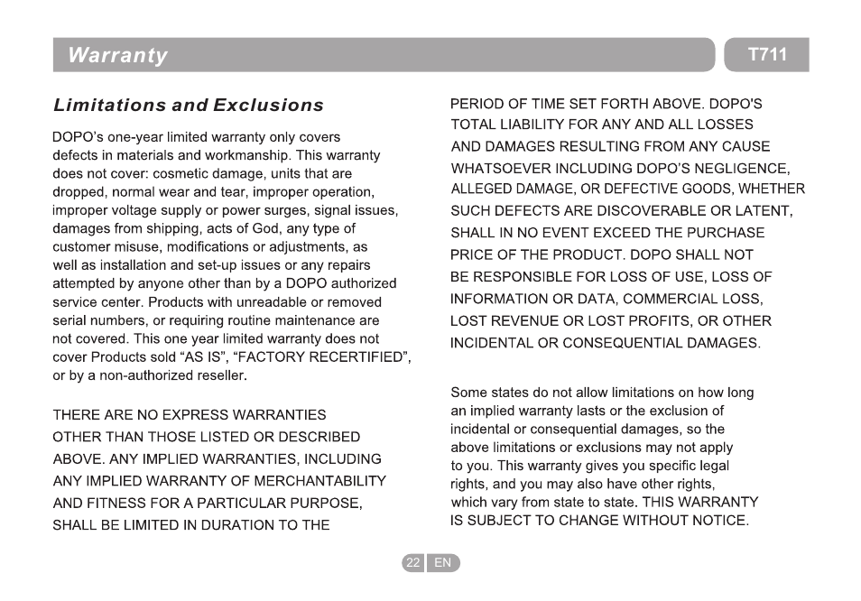 页 22, Warranty | Double Power Technology T711 User Manual | Page 22 / 24