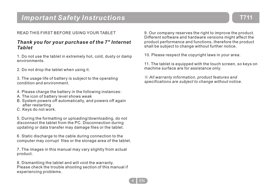 Important safety instructions, T711 | Double Power Technology T711 User Manual | Page 4 / 24