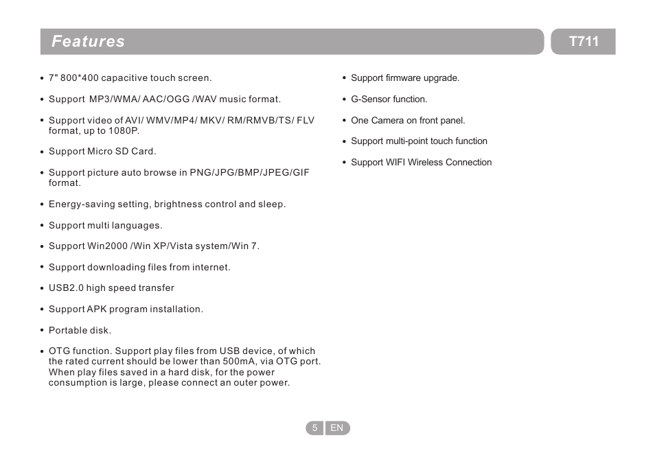 Features, T711 | Double Power Technology T711 User Manual | Page 5 / 24