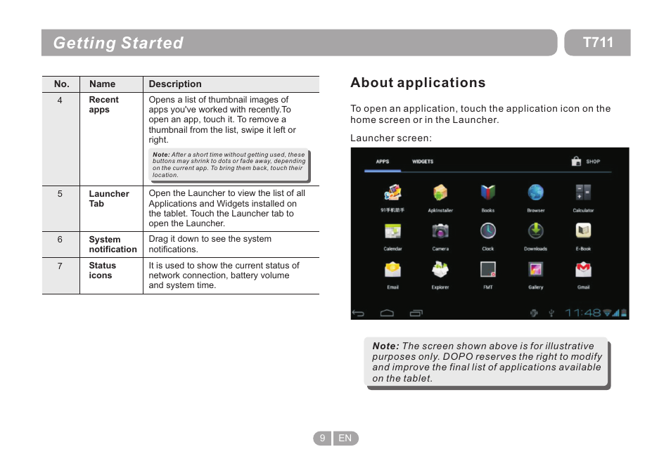 Getting started, T711, About applications | Double Power Technology T711 User Manual | Page 9 / 24