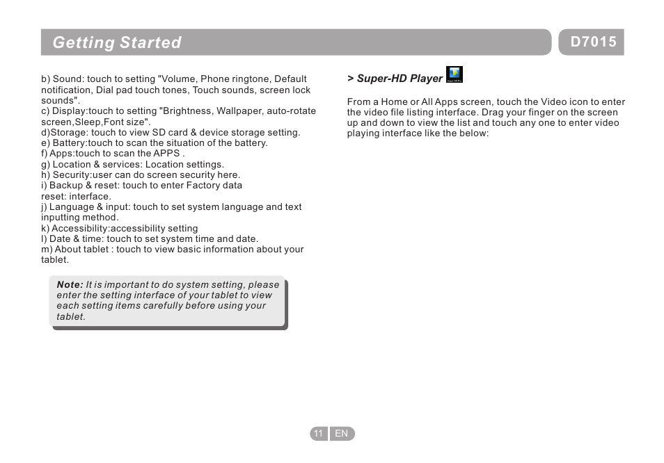 页 11, Getting started, D7015 | Double Power Technology D-7015 User Manual | Page 11 / 24