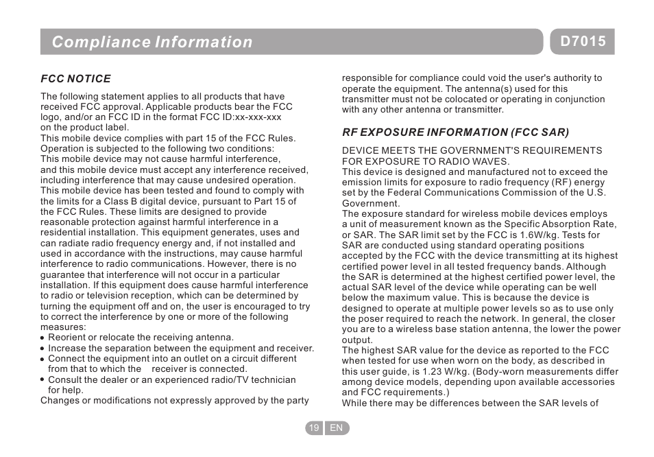 页 19, Compliance information, D7015 | Double Power Technology D-7015 User Manual | Page 19 / 24