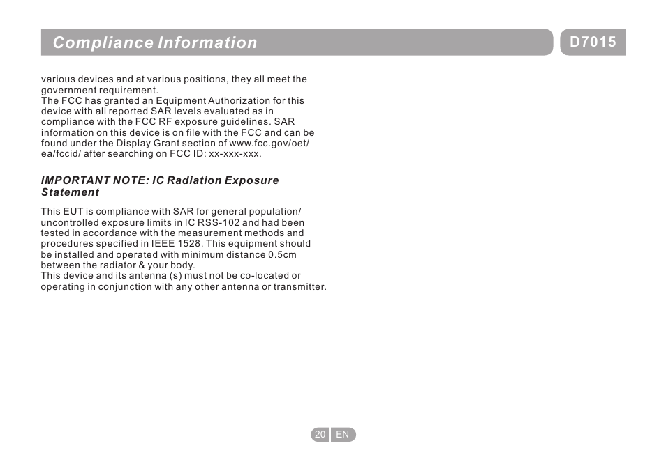 页 20, Compliance information, D7015 | Double Power Technology D-7015 User Manual | Page 20 / 24