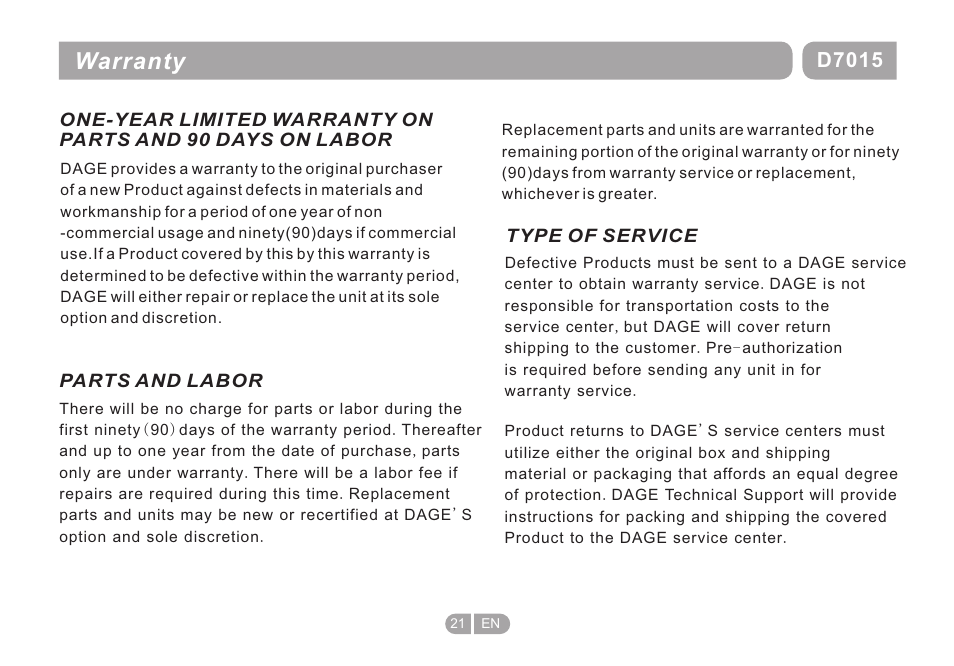 页 21, Warranty, D7015 | Double Power Technology D-7015 User Manual | Page 21 / 24