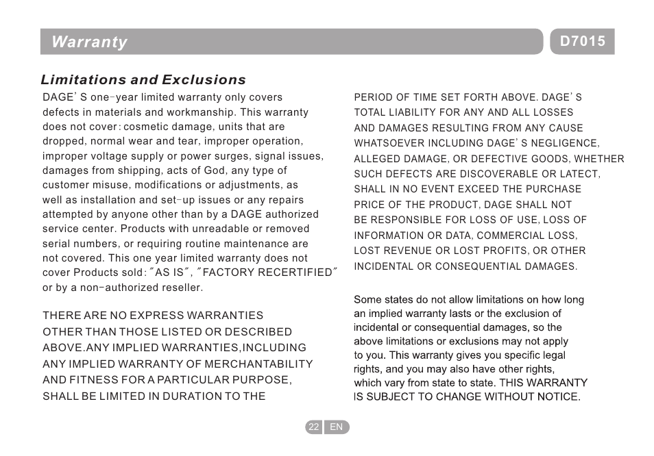 页 22, Warranty, D7015 | Limitations and exclusions | Double Power Technology D-7015 User Manual | Page 22 / 24