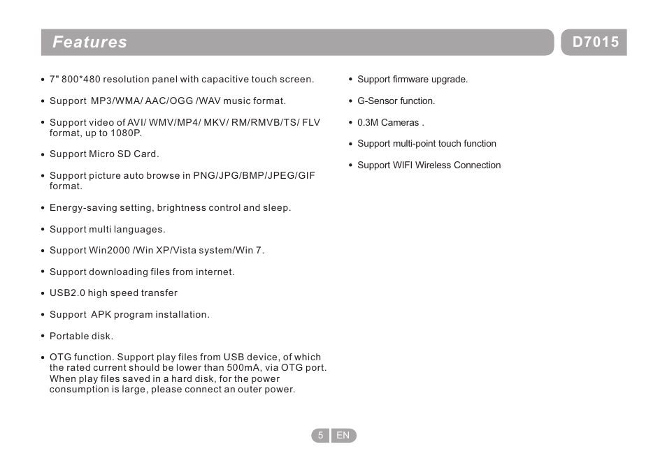 Features, D7015 | Double Power Technology D-7015 User Manual | Page 5 / 24