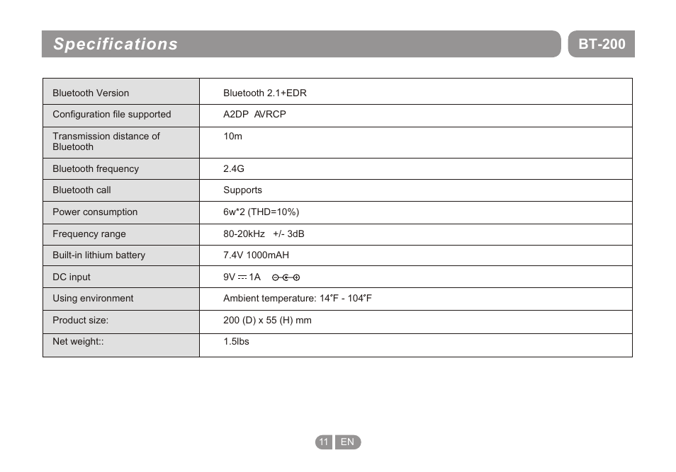 Т³гж 11, Specifications, Bt-200 | Double Power Technology BT-200 User Manual | Page 11 / 16