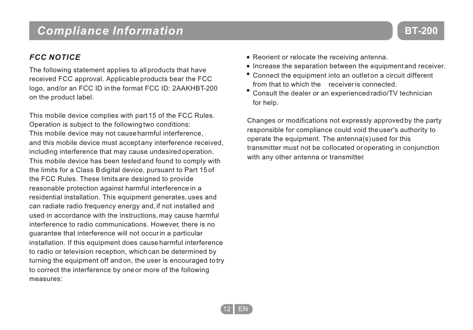 Т³гж 12, Compliance information, Bt-200 | Double Power Technology BT-200 User Manual | Page 12 / 16
