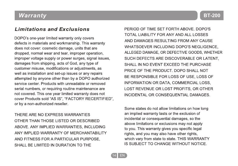 Т³гж 14, Warranty | Double Power Technology BT-200 User Manual | Page 14 / 16