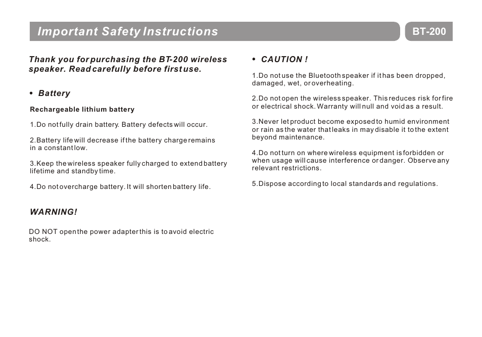 Т³гж 2, Important safety instructions, Bt-200 | Double Power Technology BT-200 User Manual | Page 2 / 16
