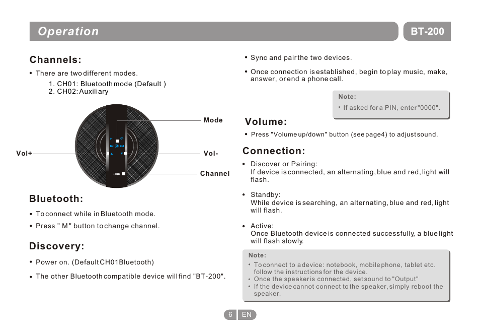 Т³гж 6, Operation, Bt-200 | Channels, Volume, Discovery, Connection, Bluetooth | Double Power Technology BT-200 User Manual | Page 6 / 16