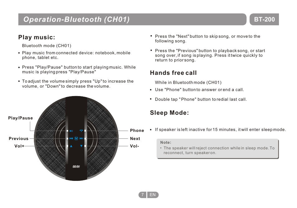 Т³гж 7, Operation-bluetooth (ch01), Bt-200 | Play music, Hands free call, Sleep mode | Double Power Technology BT-200 User Manual | Page 7 / 16