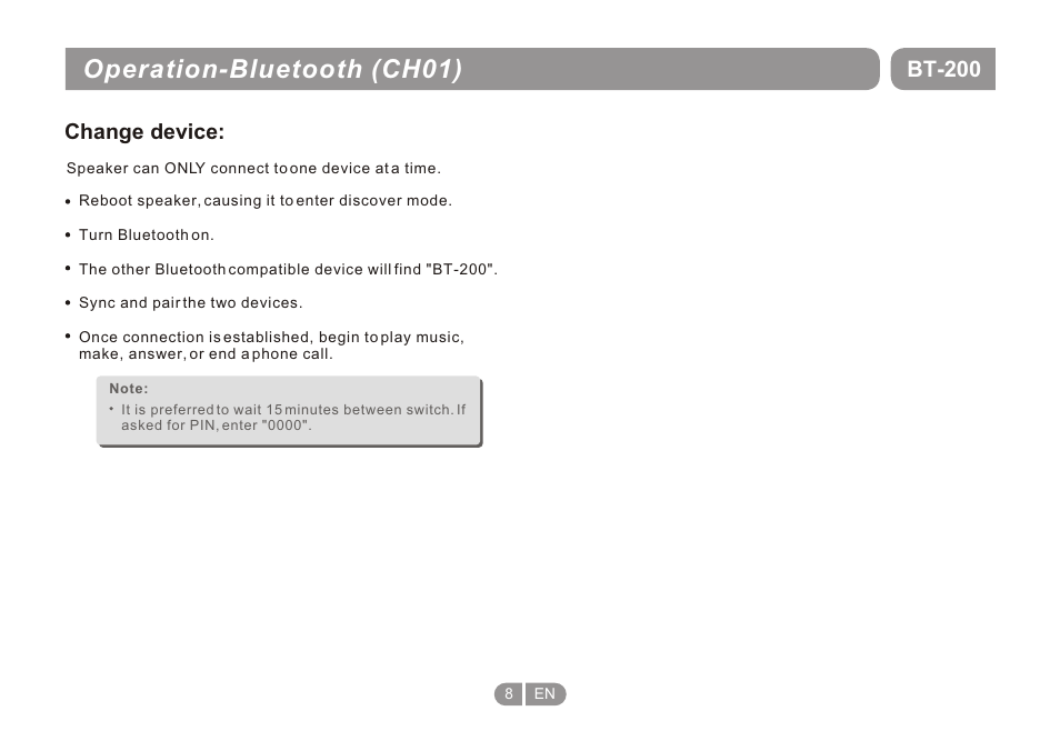 Т³гж 8, Operation-bluetooth (ch01), Bt-200 | Change device | Double Power Technology BT-200 User Manual | Page 8 / 16