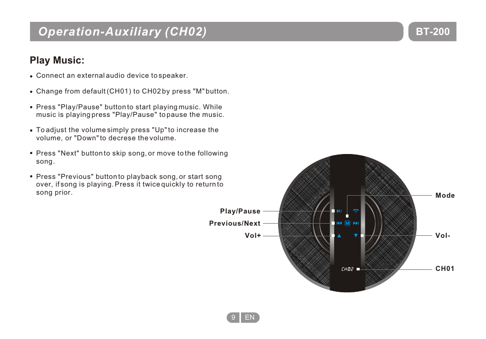 Т³гж 9, Operation-auxiliary (ch02), Bt-200 | Play music | Double Power Technology BT-200 User Manual | Page 9 / 16