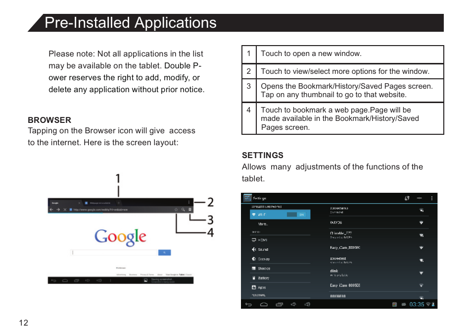 页 12, Pre-installed applications | Double Power Technology EM63 User Manual | Page 12 / 26