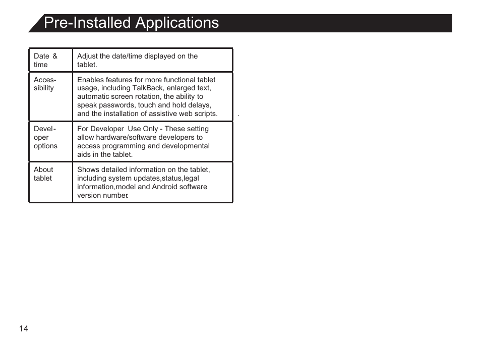 页 14, Pre-installed applications | Double Power Technology EM63 User Manual | Page 14 / 26