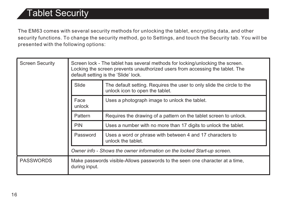 页 16, Tablet security | Double Power Technology EM63 User Manual | Page 16 / 26