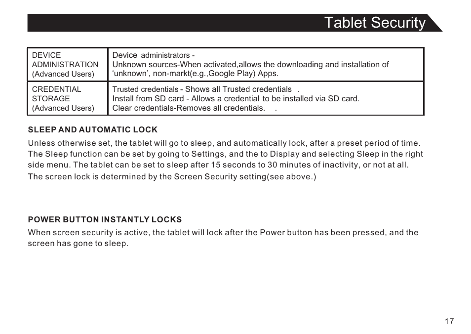 页 17, Tablet security | Double Power Technology EM63 User Manual | Page 17 / 26