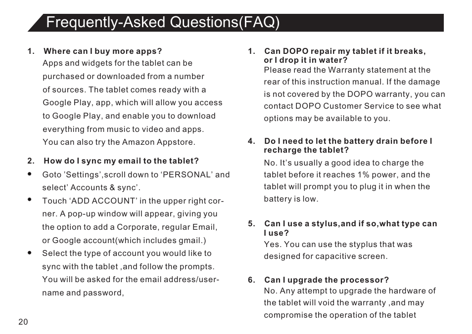 页 20, Frequently-asked questions(faq) | Double Power Technology EM63 User Manual | Page 20 / 26