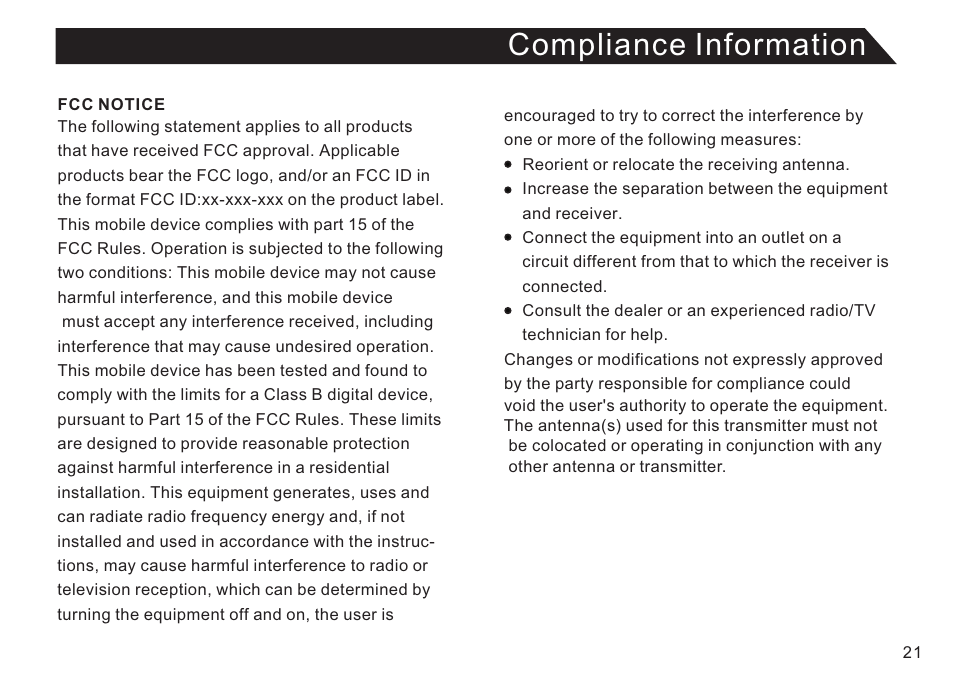 页 21, Compliance information | Double Power Technology EM63 User Manual | Page 21 / 26