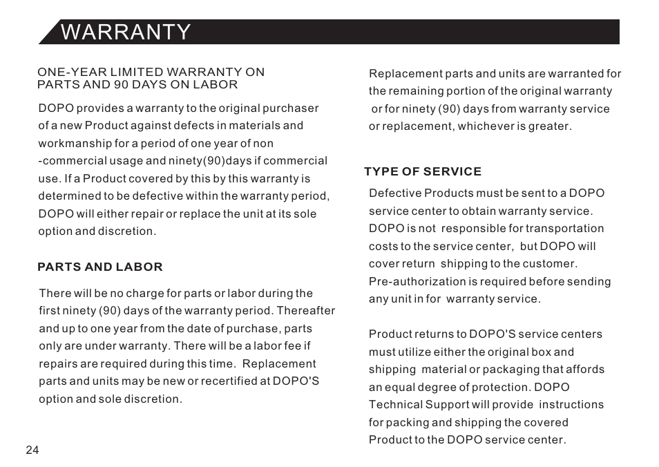 页 24, Warranty | Double Power Technology EM63 User Manual | Page 24 / 26