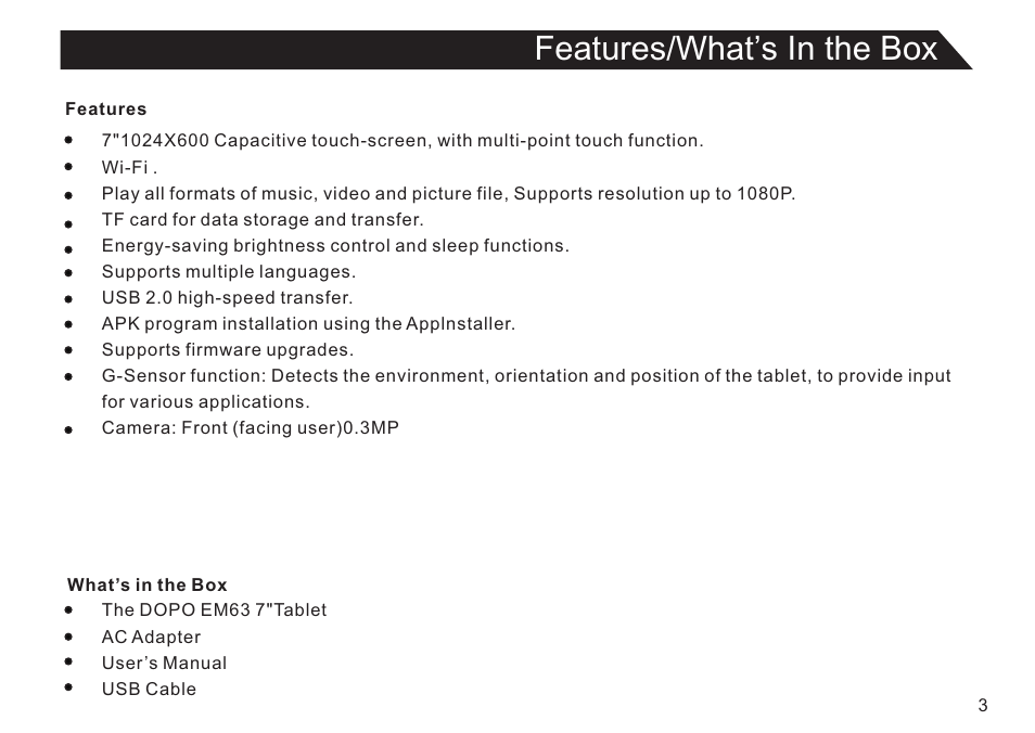 Features/what’s in the box | Double Power Technology EM63 User Manual | Page 3 / 26