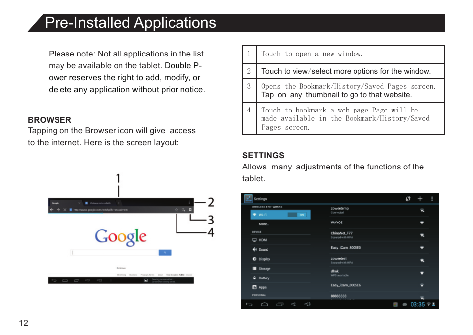 页 12, Pre-installed applications | Double Power Technology GS918 User Manual | Page 12 / 26