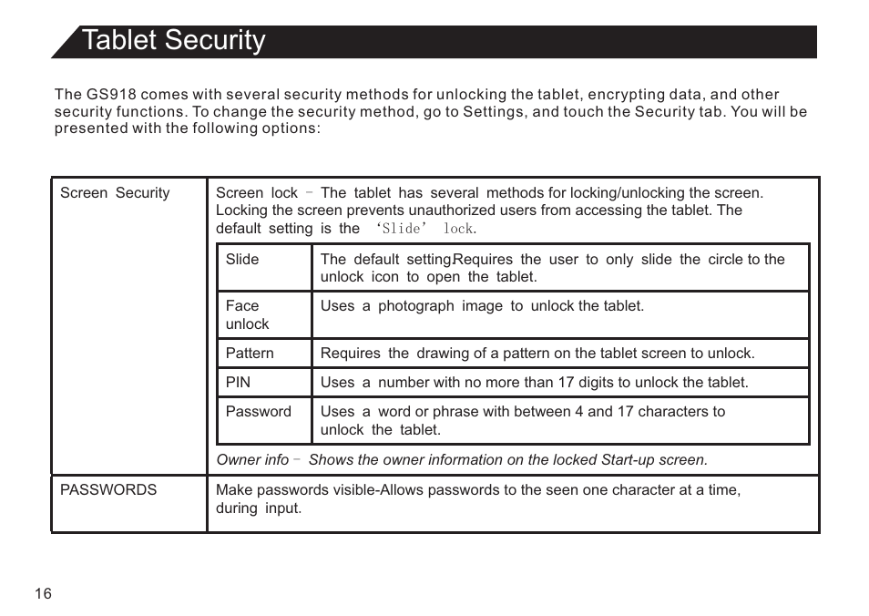 页 16, Tablet security | Double Power Technology GS918 User Manual | Page 16 / 26