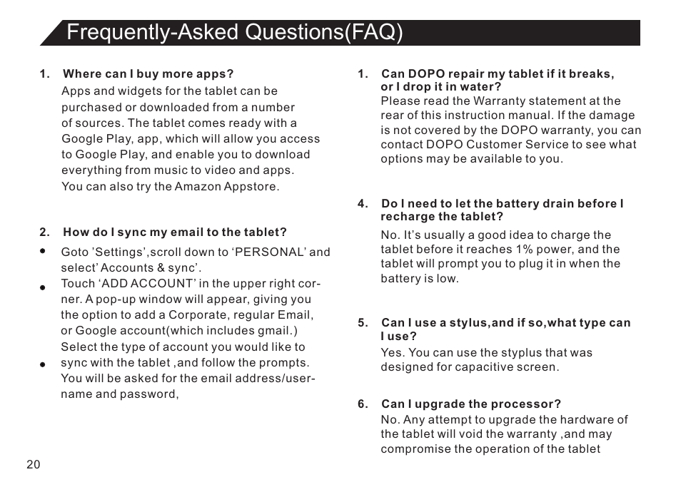页 20, Frequently-asked questions(faq) | Double Power Technology GS918 User Manual | Page 20 / 26