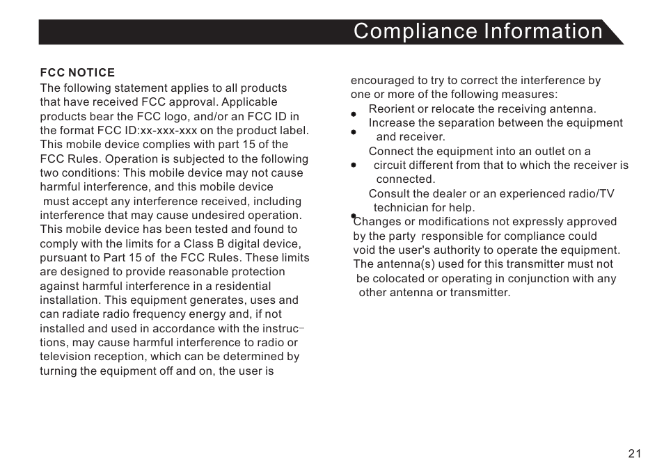 页 21, Compliance information | Double Power Technology GS918 User Manual | Page 21 / 26