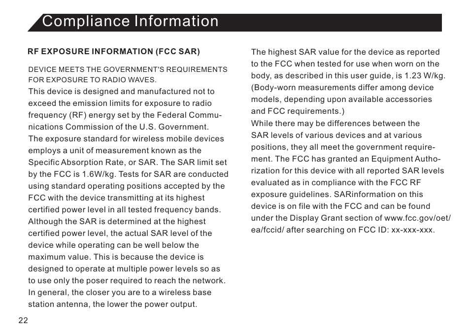 页 22, Compliance information | Double Power Technology GS918 User Manual | Page 22 / 26