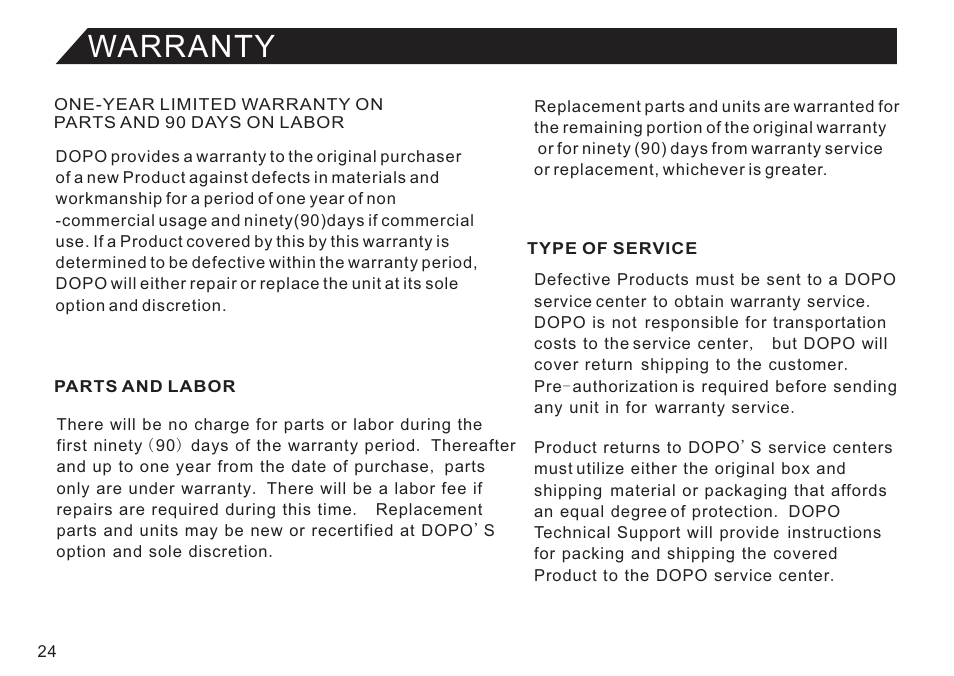 页 24, Warranty | Double Power Technology GS918 User Manual | Page 24 / 26