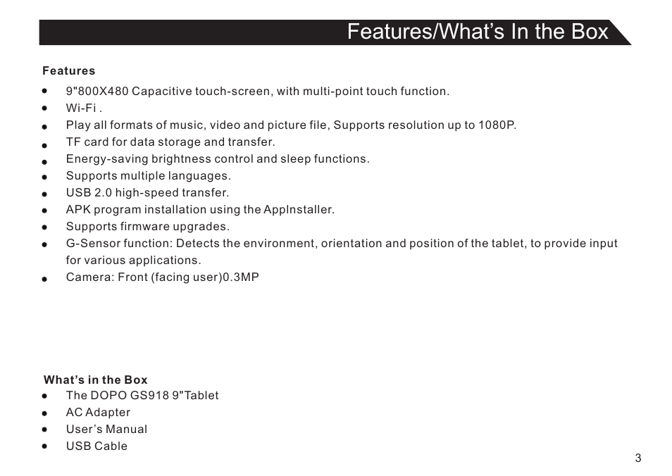 Features/what’s in the box | Double Power Technology GS918 User Manual | Page 3 / 26