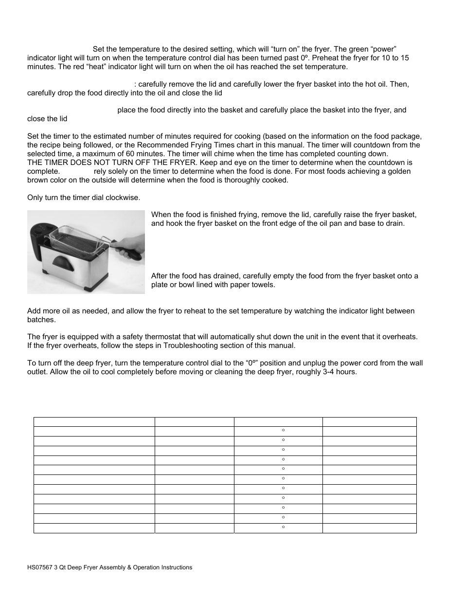 Recommended frying times | AmeriHome HS07567 3 Qt Deep Fryer User Manual | Page 5 / 8