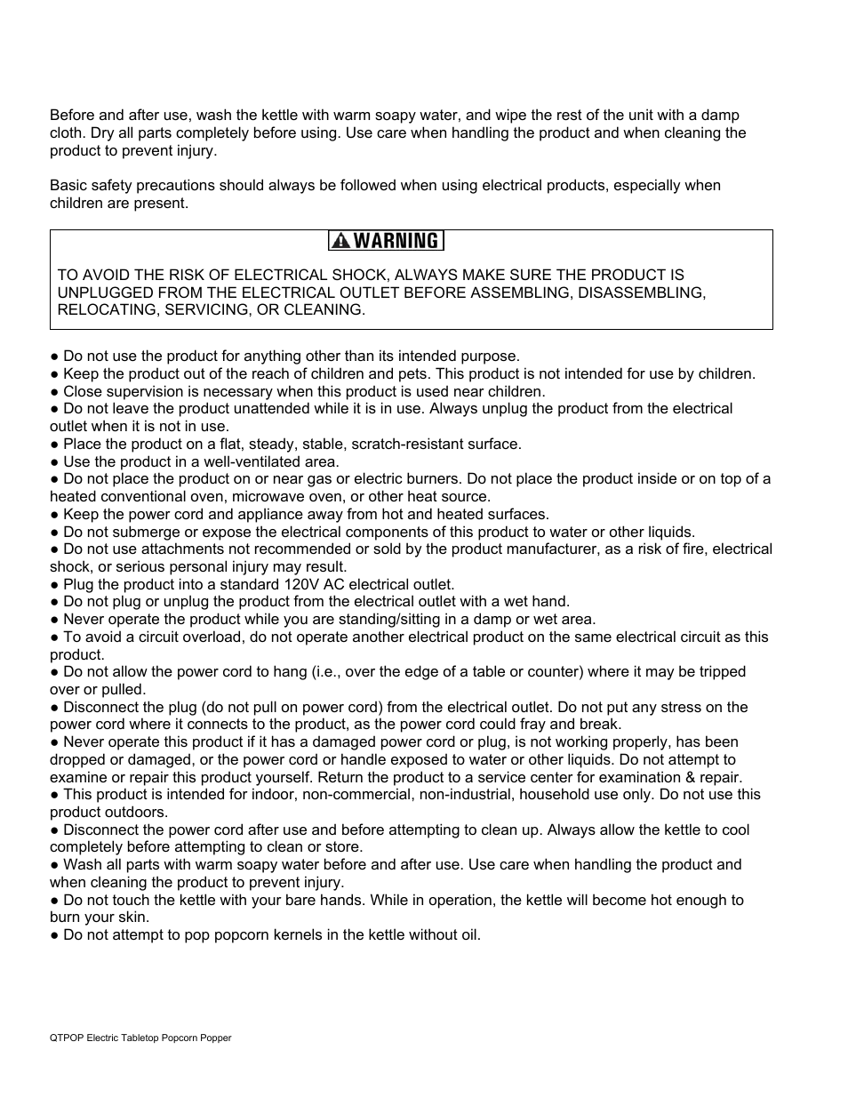 Important safety instructions | AmeriHome QTPOP Table Top Popcorn Maker User Manual | Page 3 / 6