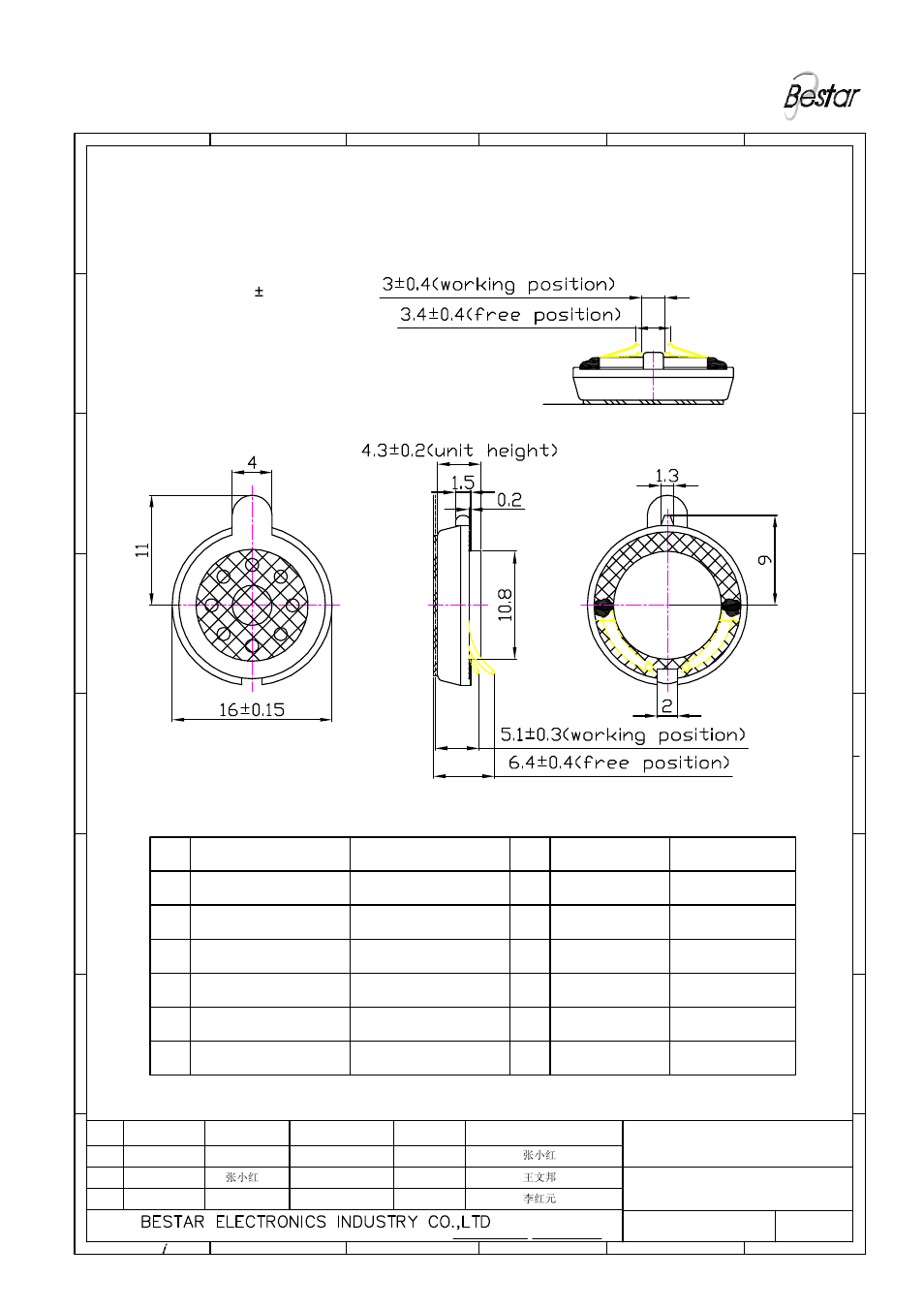 Drawing, Unit:mm tolerance: ± 0.2 | BeStar BMS16-11C-08H4.3RP LF User Manual | Page 4 / 9