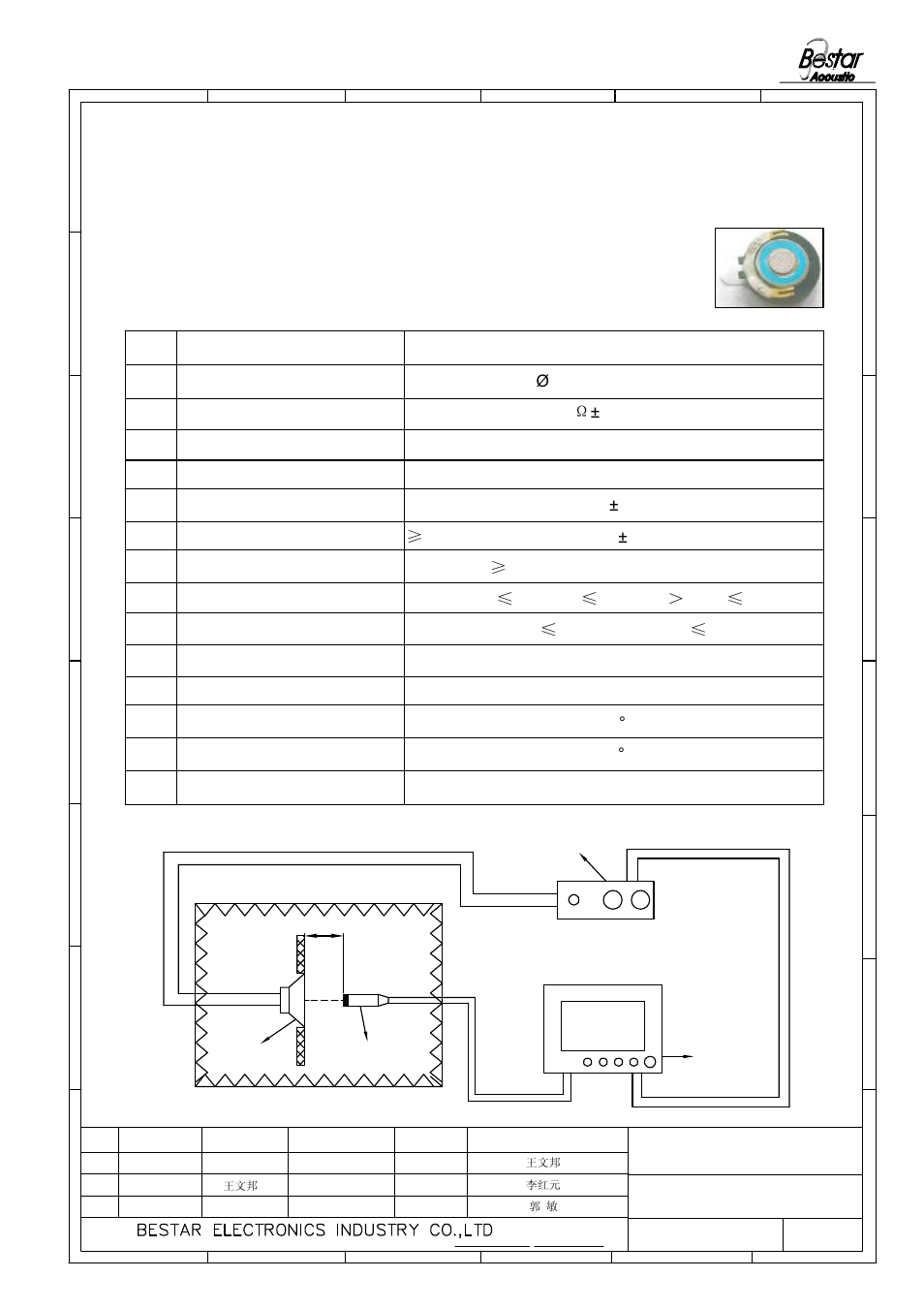 Description, Characteristics, 1 electrical and mechanical characteristics | Anechoic chamber | BeStar BMS15-11C-08H3.8DRP LF User Manual | Page 2 / 7