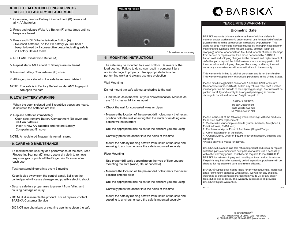 BARSKA AX11224 - Biometric Safe with Fingerprint Lock User Manual | Page 2 / 2