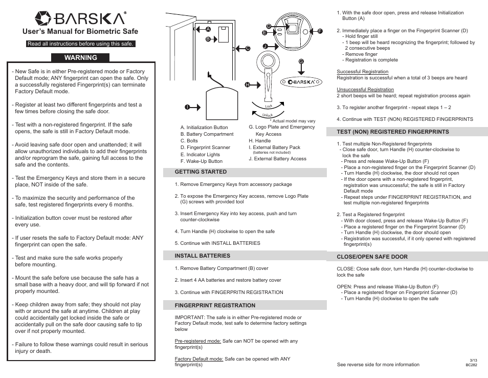 BARSKA AX11650 - Large Biometric Safe User Manual | 2 pages