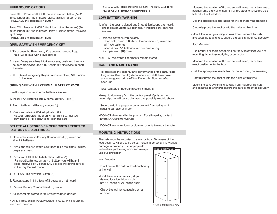 BARSKA AX11650 - Large Biometric Safe User Manual | Page 2 / 2