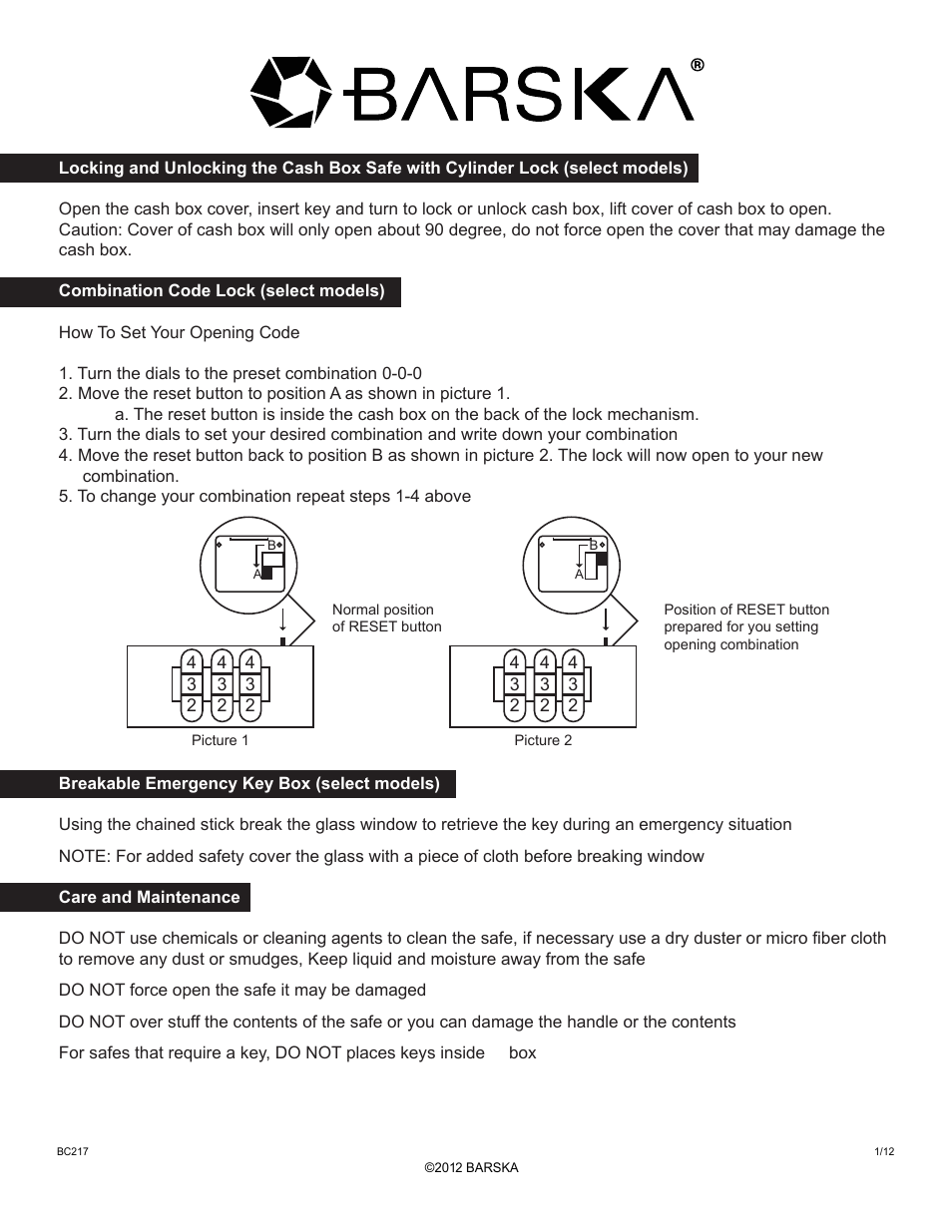 BARSKA CB11834 - Large Cash Box with Key Lock User Manual | 1 page